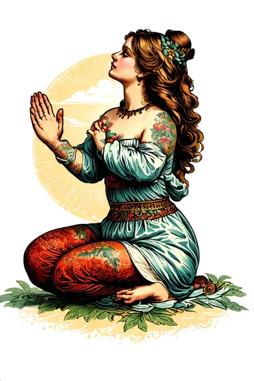 Female Kneeling Praying Looking Up At The Sky