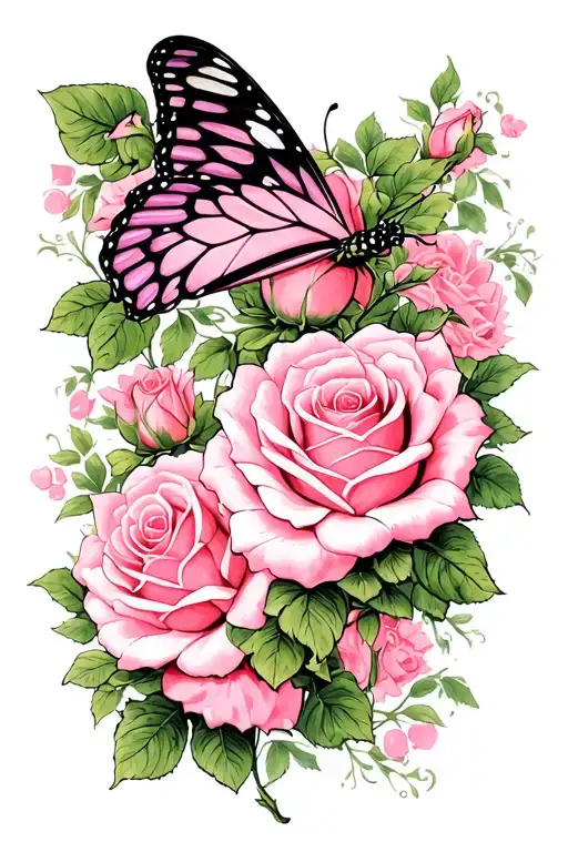 Pink Roses And Pink Butterfly Surrounded