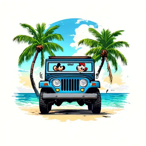 A 4 Door Jeep On The Beach With The Ocean In The Back Ground With Palm Trees And Mickey Mouse