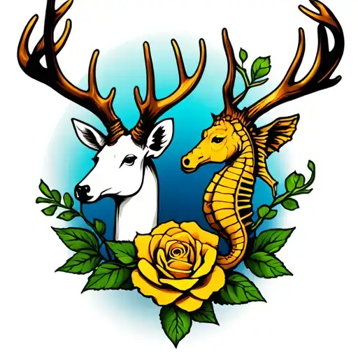 2 Stag Heads With An A Yellow Rose And A Seahorse