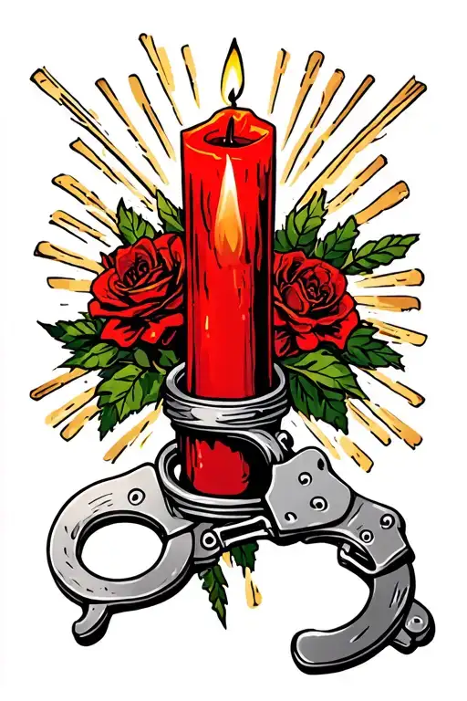 A Red Candle And A Brocken Pair Of Handcuffs