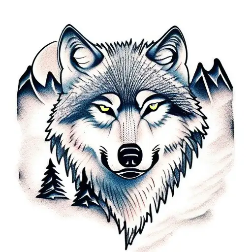 Wolf With Mountains In The Background And Moon