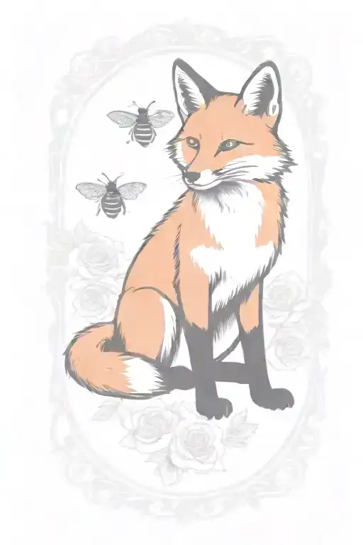 Fox With A Bee On Its Nose In A Colorful Boarder With Marigolds And Rubies