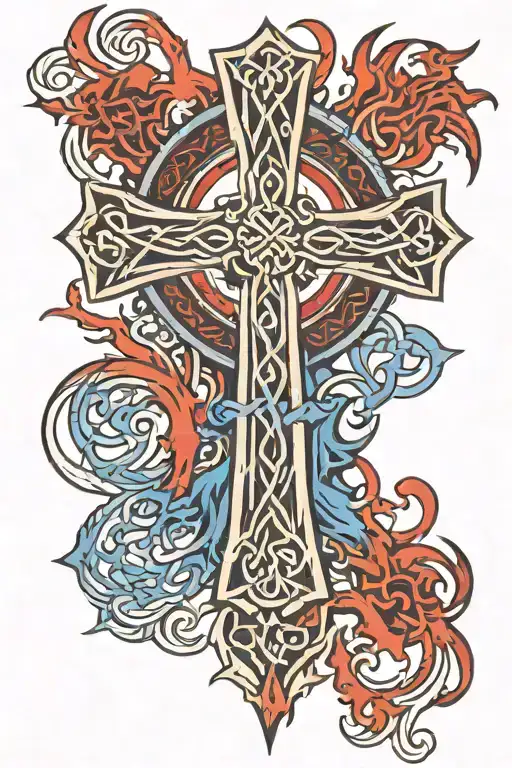 Celtic Cross Ripped Skin Red And Blue Flames Around It