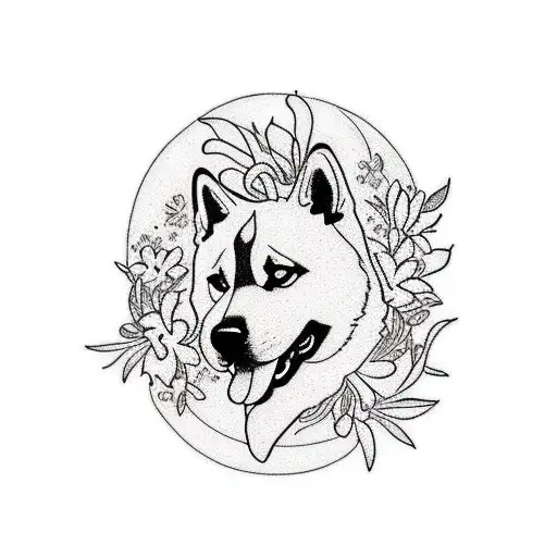 A Minimalist Tattoo Of An Akita Inu Surrounded By Blooming Flowers As A Symbol Of Nature's Beauty