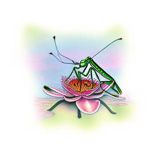 A Majestic Praying Mantis Perched On A Lily Pad In The Middle Of A Serene Swimming Pool