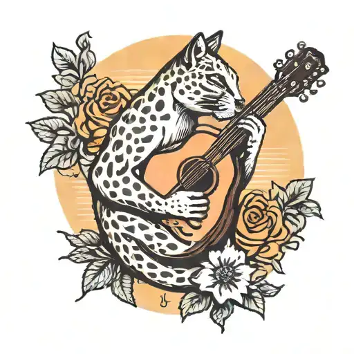 A Traditional Style Tattoo Of A Puma Animal Playing A Guitar With A Sunset Background
