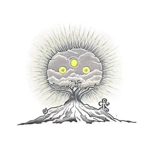 Upper-angle View Of A Tree Of Life On A Hill With The Sun In The Sky And A Shadow Of A Guy And Son