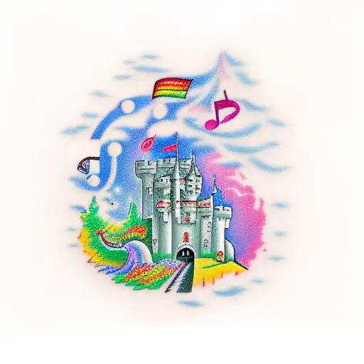 Castle Surrounded By Music Notes With Autism Colours In Sky And Two Children Looking At The Castle