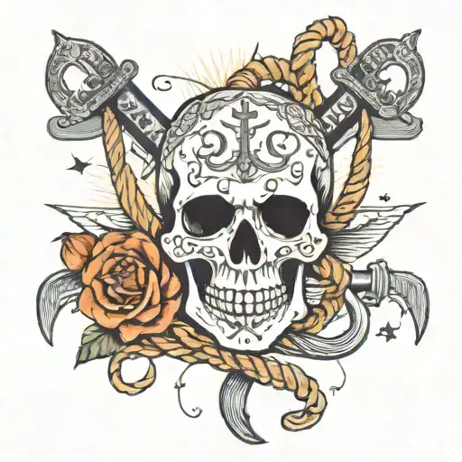 A Skull With Intricate Nautical Details Like Ropes And Anchors