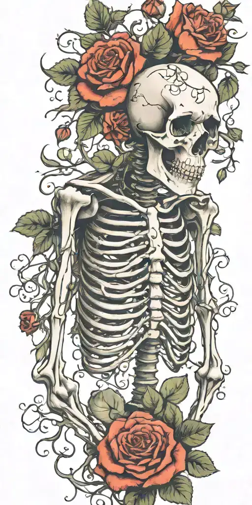 A Complete Skeleton Overgrown With Vines And Roses Like Its Been There For Decades