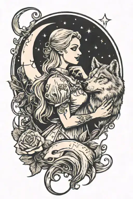 Blonde Woman Under Moon With Wolf And Beer