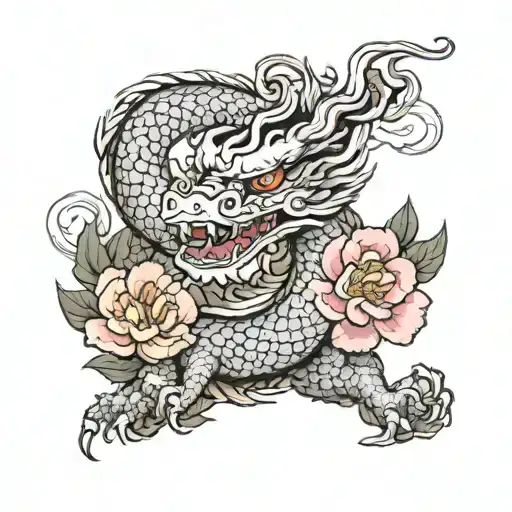 Traditional Style Japanese Dragon With Peony Flowers In The Background
