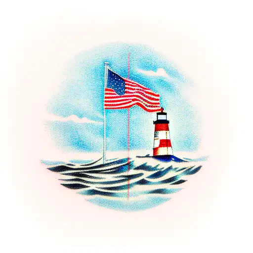A Simple Tattoo Of An Island In The Ocean With A Light House And American Flag Waving On A Pole