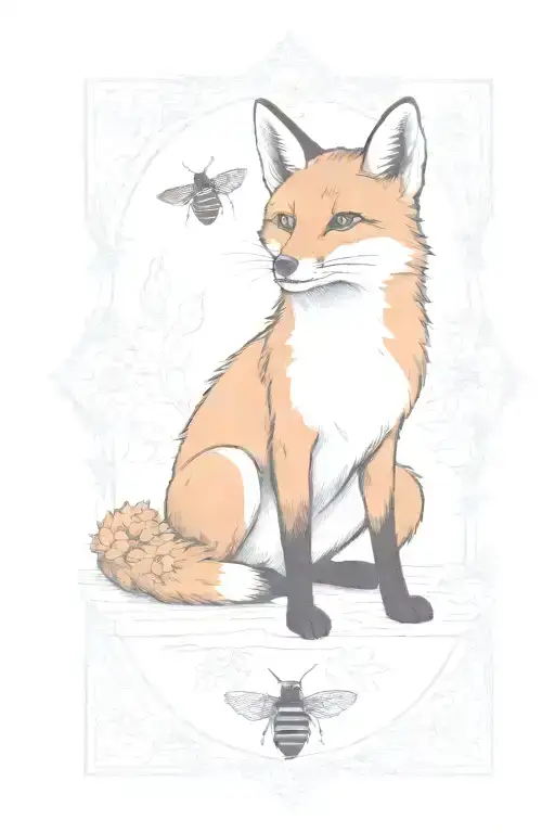 Fox With A Bee On Its Nose In A Boarder With Marigolds And Rubies