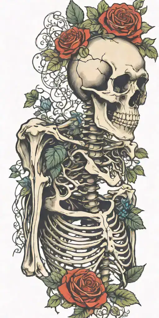 A Complete Skeleton Overgrown With Vines And Roses Like Its Been There For Decades