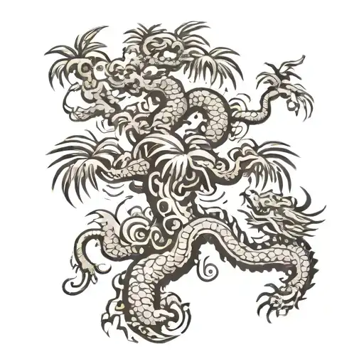Palm Tree With Chinese Dragon Wrapped Around Tree