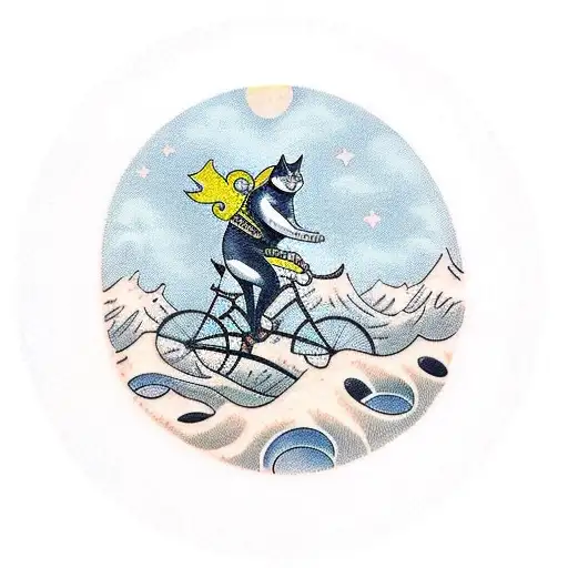 A Traditional-style Tattoo Of A Cat Riding A Bicycle Through A Scenic Landscape