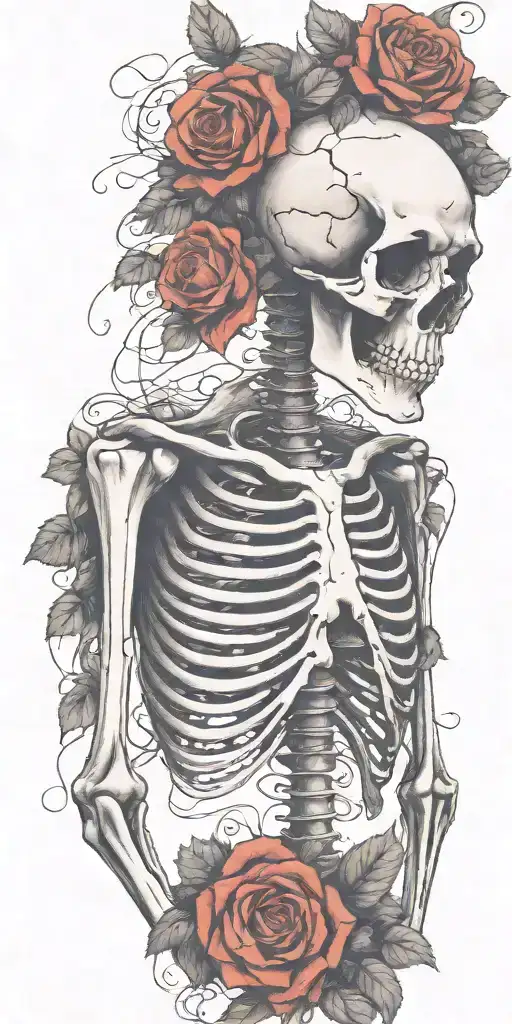 A Complete Skeleton Overgrown With Vines And Roses Like Its Been There For Decades