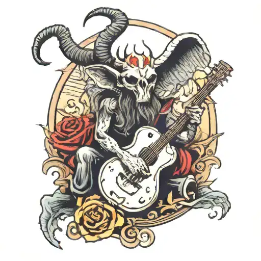 Traditional Style Tattoo Of A Baphomet Playing A Skull Guitar In A Music Themed Setting