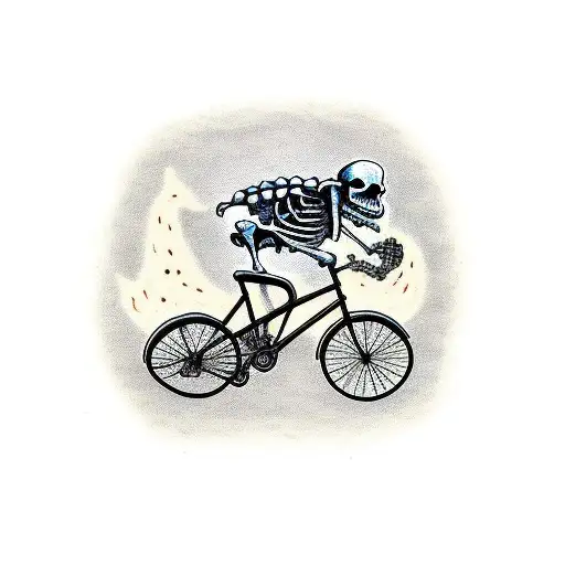 Skeleton Riding Bicycle Eating Pizza