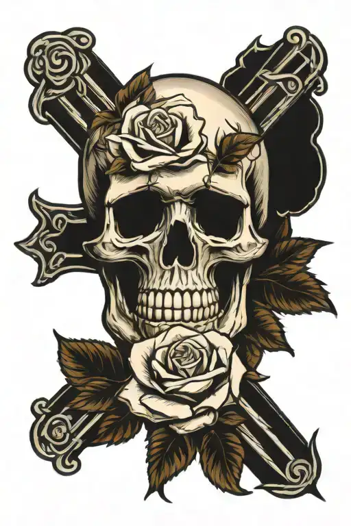Skull And Roses With Cross Intertwined
