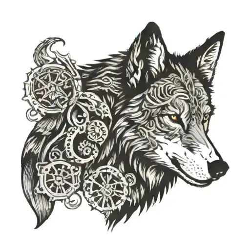 An Intricate Tattoo Design Of A Wolf Surrounded By Iconic Symbols Of Brain