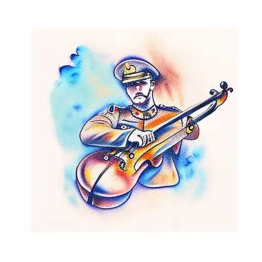 Water Colour Tattoo Of A World War One Soldier Playing The Cello