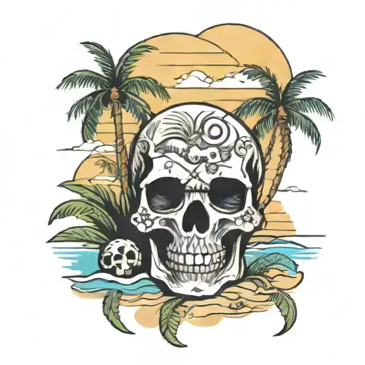 Skull On Beach Scene With Palm Trees