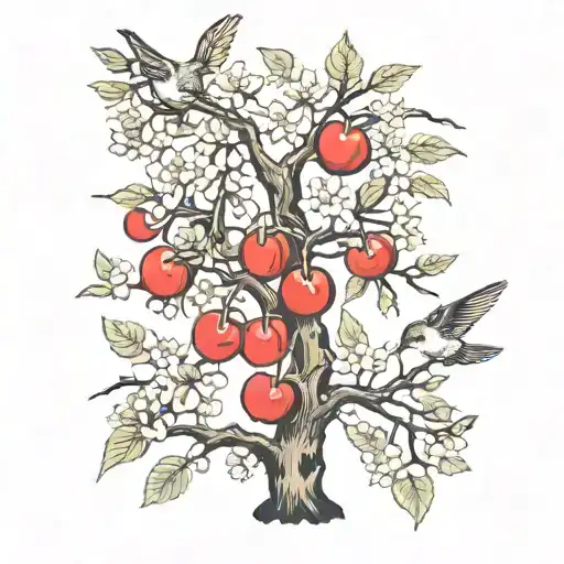 Cherry Blossem Tree With Branches Coming Out And Hummming Birds Around It