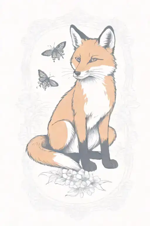 Fox With A Bee On Its Nose In A Boarder With Marigolds And Rubies