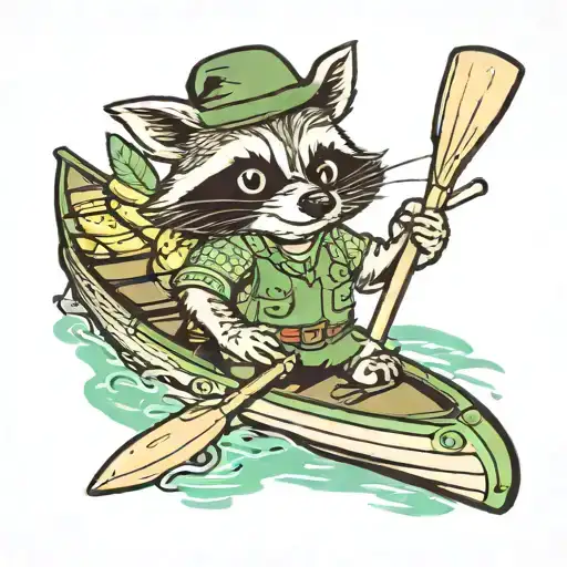 Cartoon Raccoon Wearing A Green Backpack And Paddling A Canoe With A Buschel Of Bananas