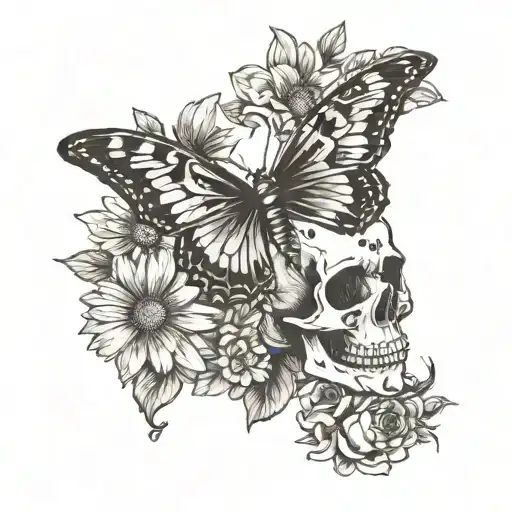 Semi Colon Butterfly With Daisies And Skull