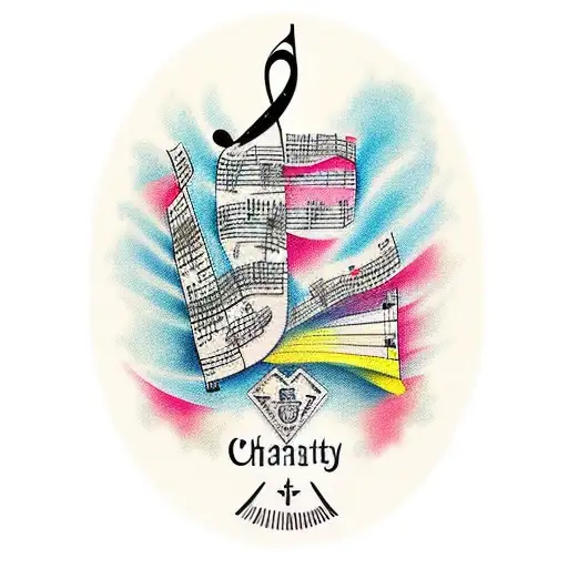 A Traditional Tattoo Of A Music Sheet With The Name 'Charity' Written In Elegant Script