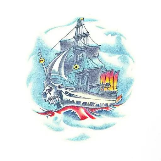 A Largr Pirateship With A Skeleton Crew Sailing In Rough Waters