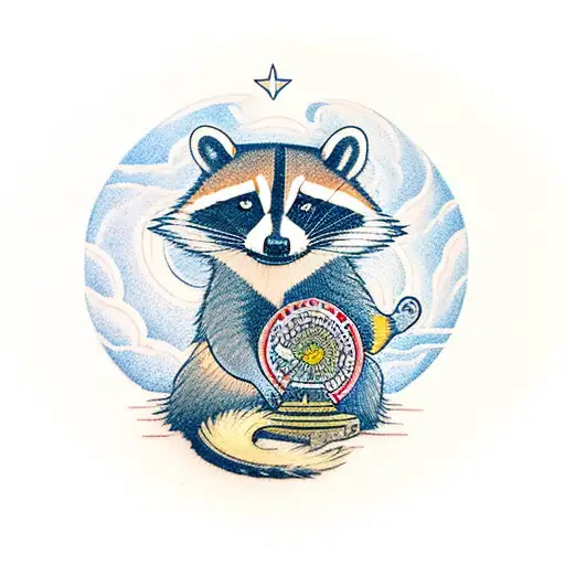 Racoon Meditating While Sitting Ond A Cloud With A Ignat Eye In The Background