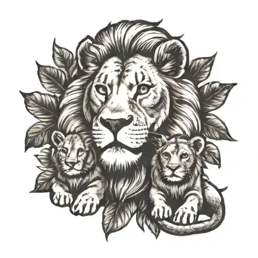 Lion With 2 Lion Cubs