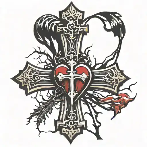 Wooden Cross With Bleeding Human Heart In Center Of Cross With Crown Of Thorns On Top Of Cross