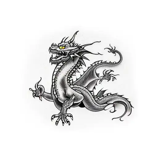 Two Vertical Dragons Vertically Interrwined Black And White