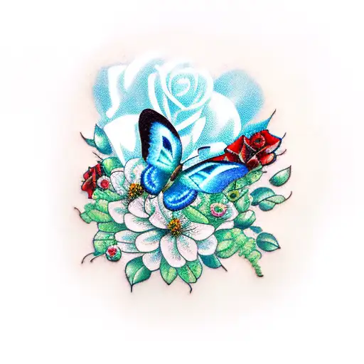 Blue And Green Butterfly With Red Roses And Baby Breath