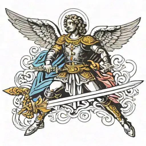 Archangel Michael Sticking Long Sword Into Ground With Wings Spread Out