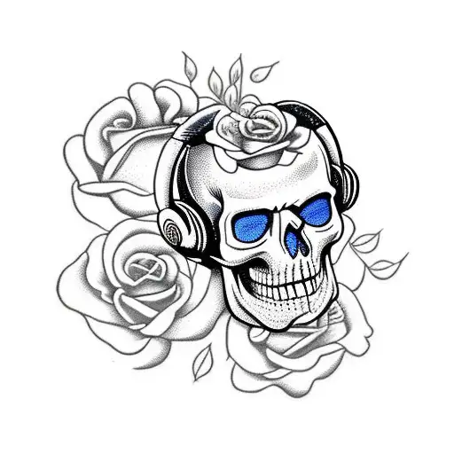 A Realistic Skull Wearing Headphones Surrounded By Roses