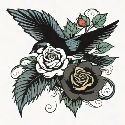 Swallow Bird With Roses And Scottish Thistle