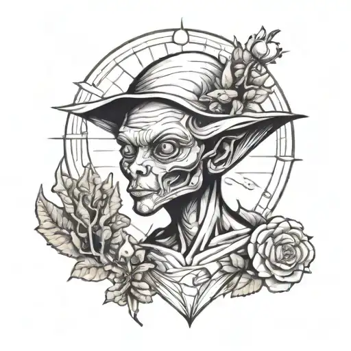 A Sketch Style Tattoo Of A Mysterious Extraterrestrial Being Communicating With Nature