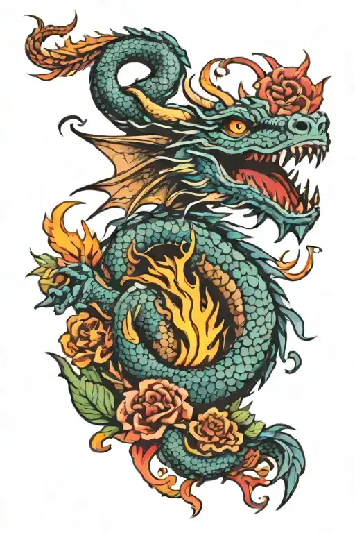 American Traditional Full Fire Breathing Dragon With Flowers And Lots Of Color
