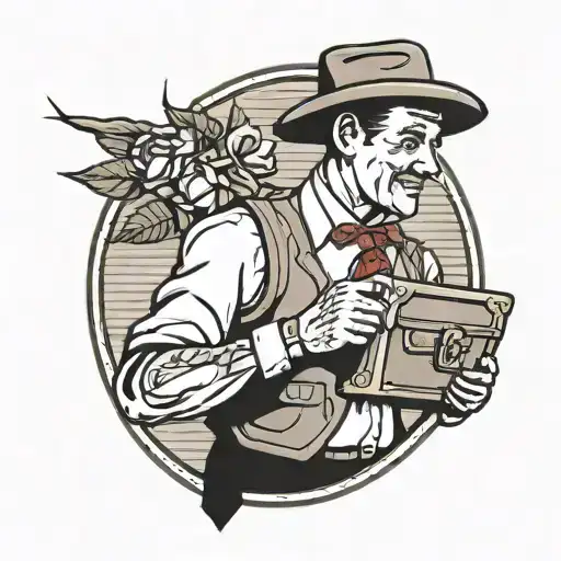 A Traditional Style Tattoo Of A Salesman Holding A Briefcase With A Rose In His Pocket