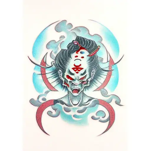 Sideways Japanese Demon Woman With Blood Coming Out Of Eyes