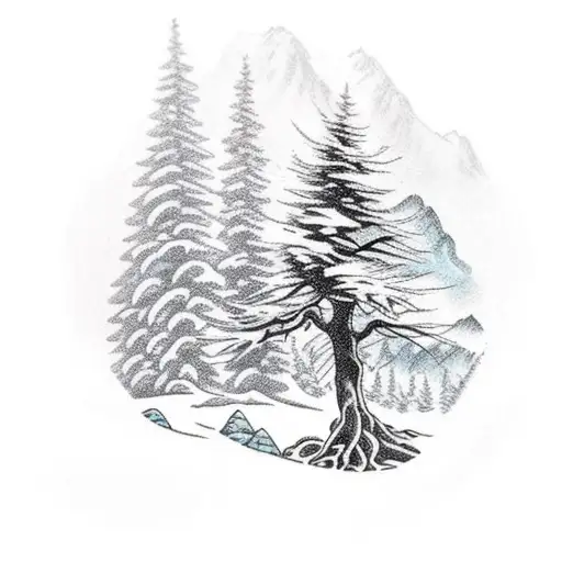 Quarter Sleeve Snow Covered Mountain Back Drop With Juniper Tree In Front With Bear In Landscape