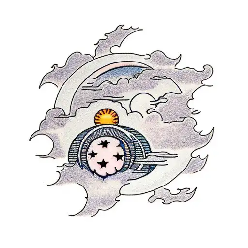 Sun And Moon Surrounded By Clouds And Mini Stars