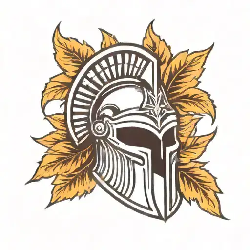 A Spartan Helmet Engulfed In Flames Surrounded By Laurel Leaves